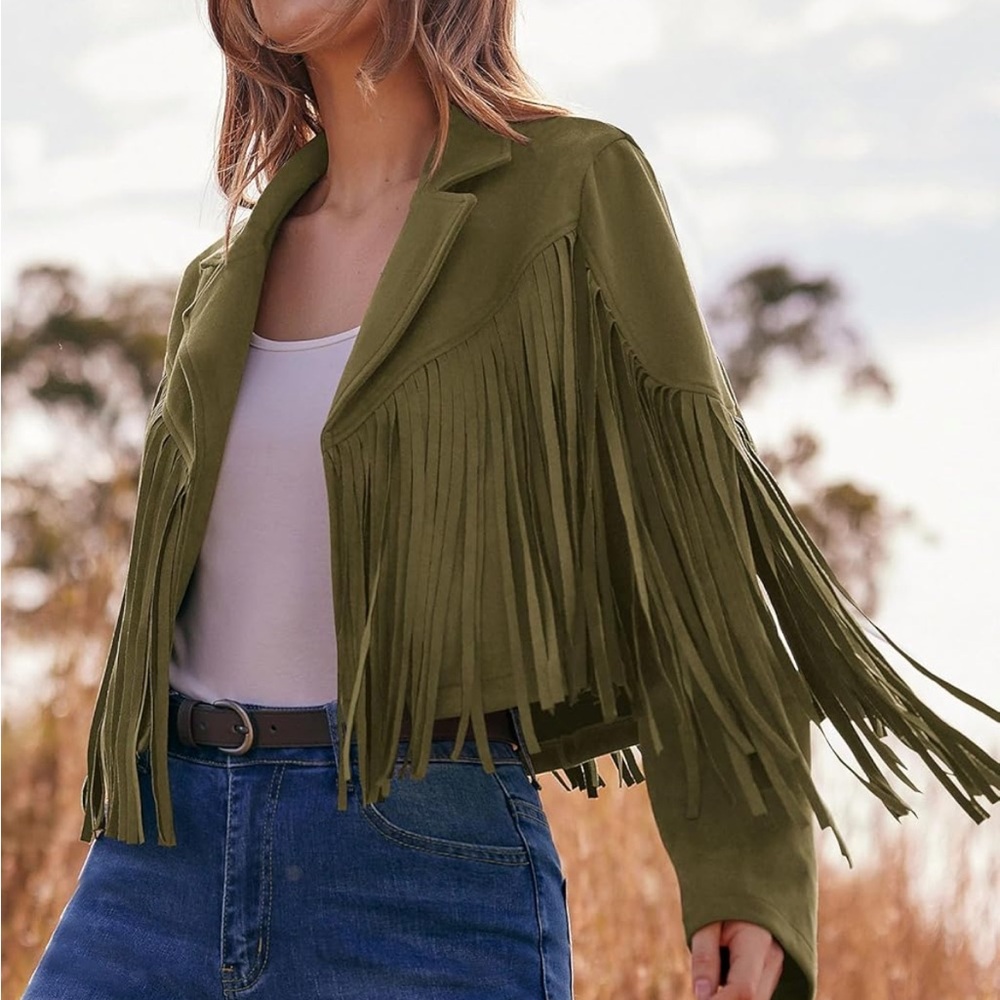 Women's Suede Fringe Jacket Long Sleeve Slim Faux Leather Boyfriend Cropped Top - Picture 3 of 6